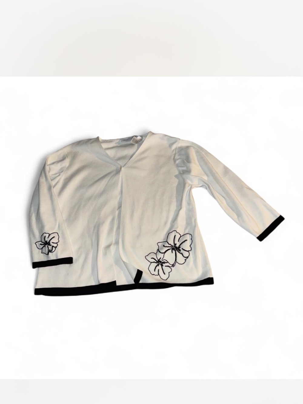 Vintage Liz Claiborne White Cardigan with Black Floral Trim Embroidery